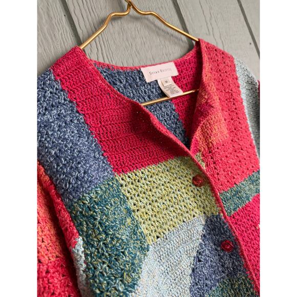 Vintage 2002 Susan Bristol Hand Knit Patchwork Crochet Cardigan Sweater M - Picture 4 of 7